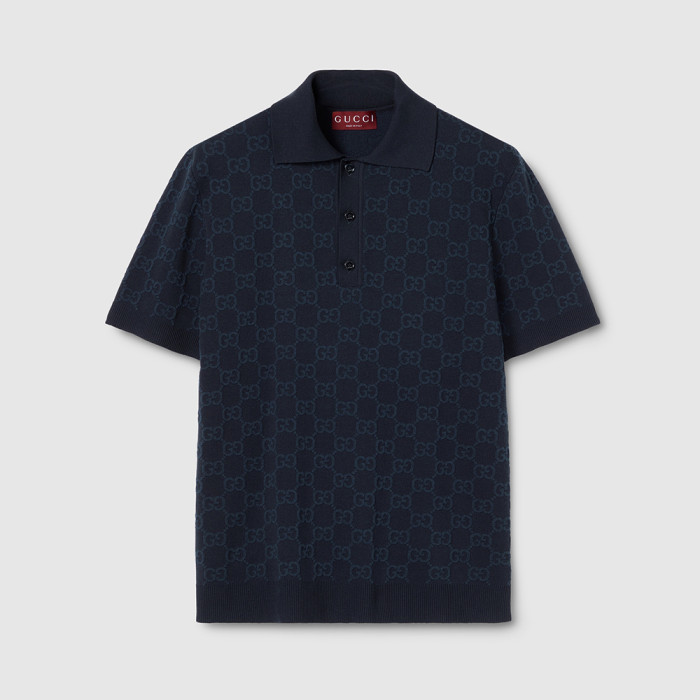 GUCCI GG Cotton Silk Jacquard Polo Shirt in Dark Blue #379147