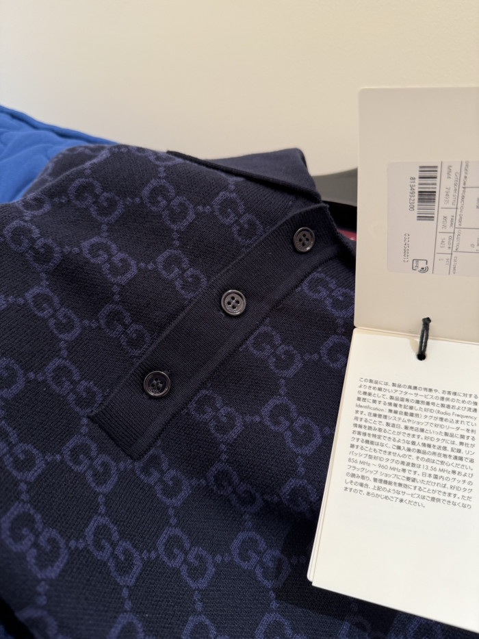 GUCCI GG Cotton Silk Jacquard Polo Shirt in Dark Blue #379147