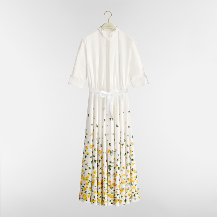 DIOR Mid-length Umbrella-shaped Cardigan Shirt Dress in White Cotton Poplin Trim #376910