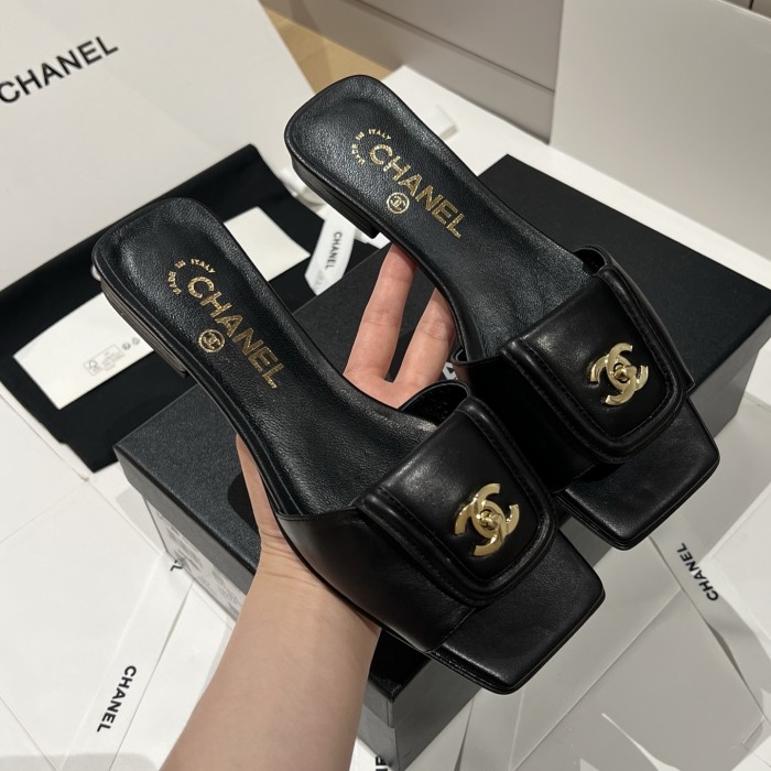 Chanel Gold Lock Square Toe Slippers #379298