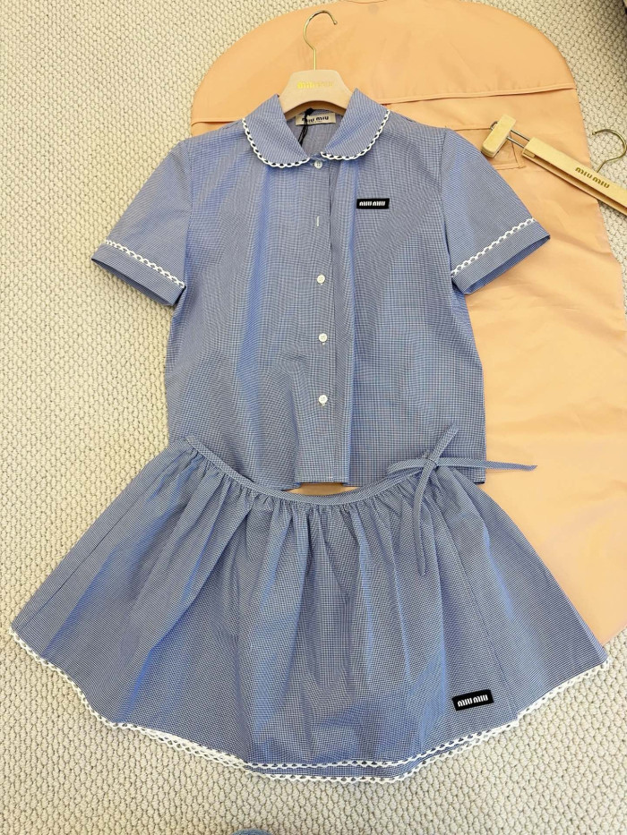 MiuMiu White light Blue Gingham Shirt Miniskirt #379218
