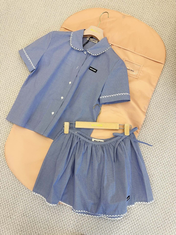MiuMiu White light Blue Gingham Shirt Miniskirt #379218