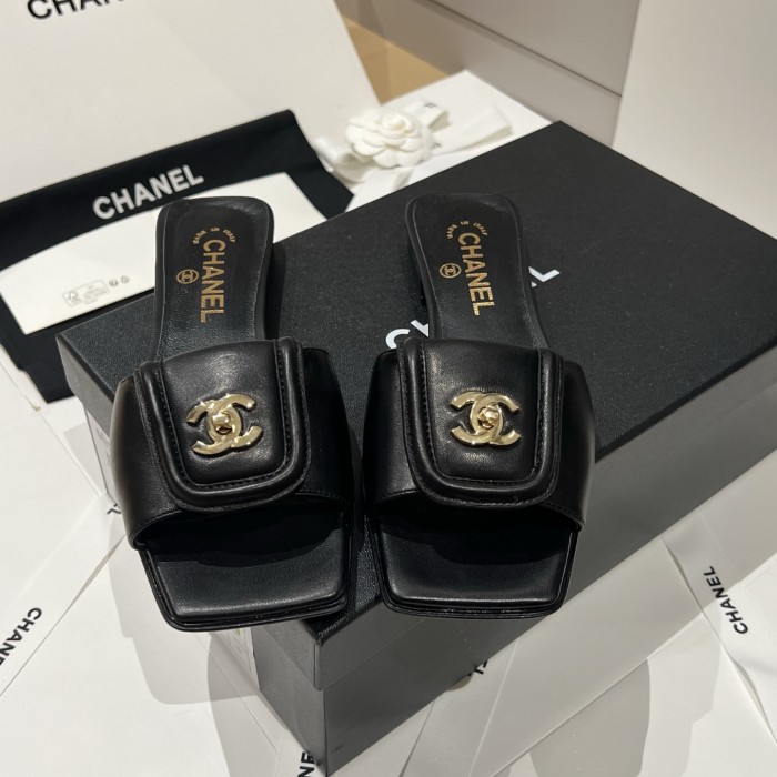 Chanel Gold Lock Square Toe Slippers #379298