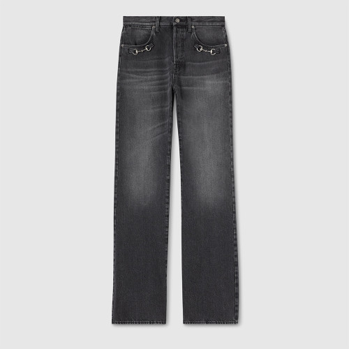 GUCCI Cotton Denim Pants With Horsebit Detail in Dark Grey #379683