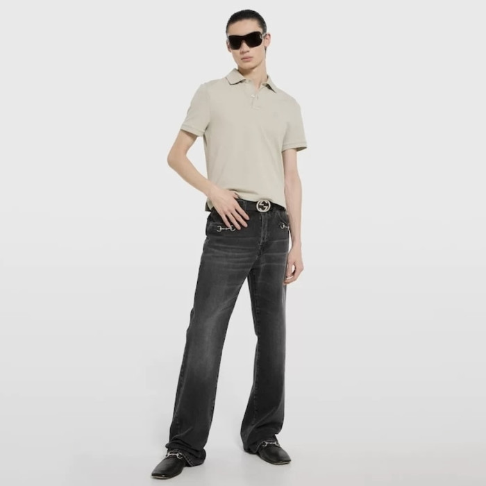 GUCCI Cotton Denim Pants With Horsebit Detail in Dark Grey #379683