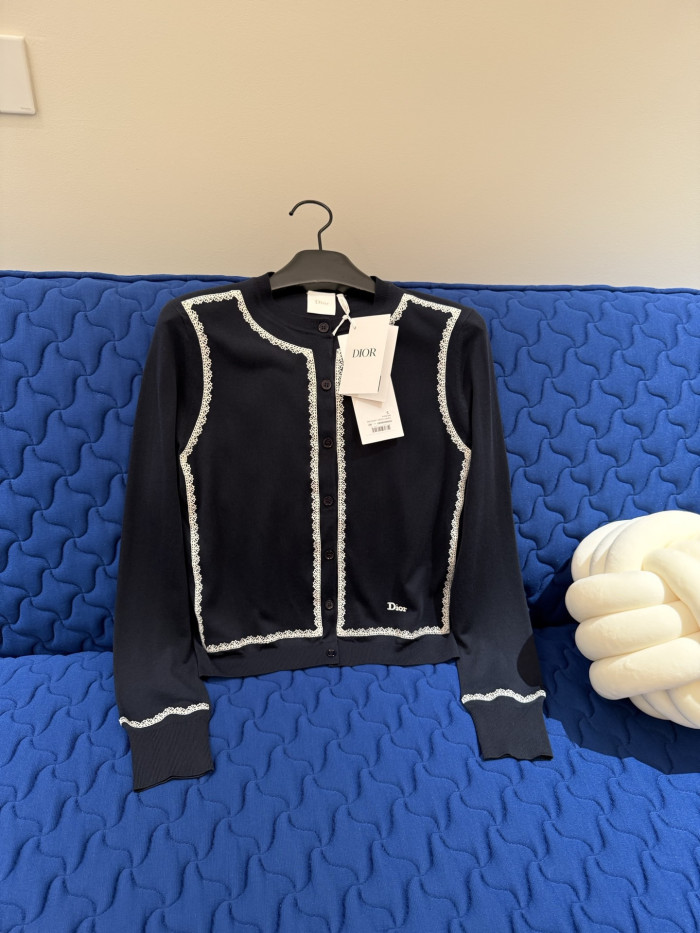 DIOR Cardigan Navy Blue Silk Knit and White Lace #379942