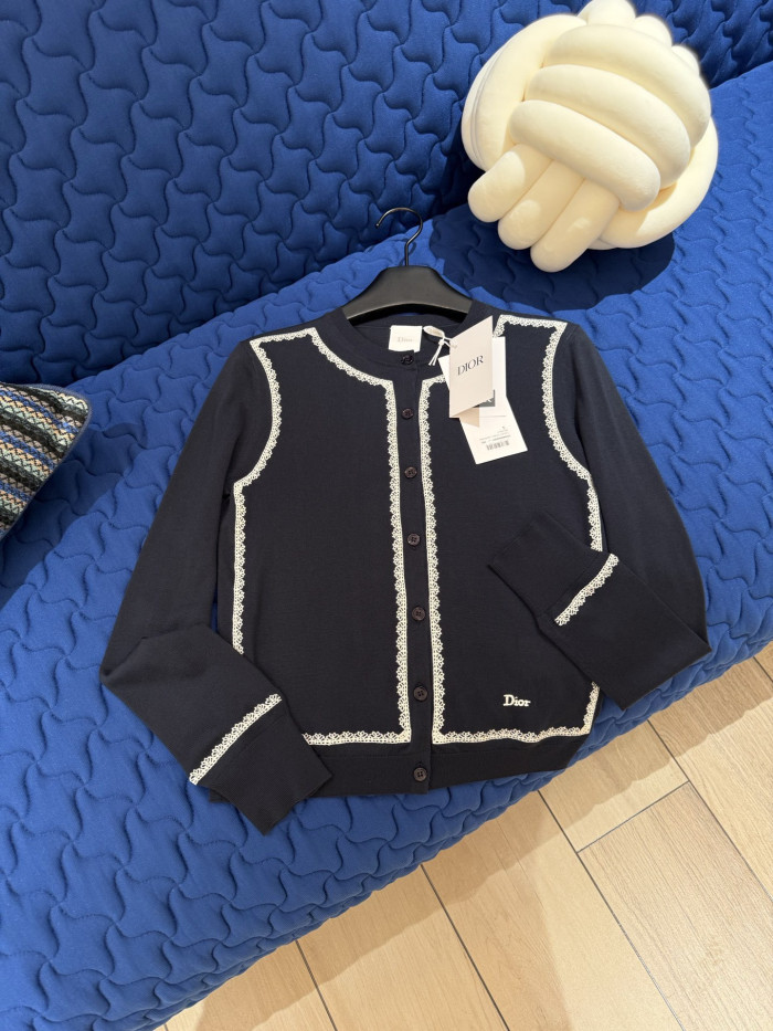 DIOR Cardigan Navy Blue Silk Knit and White Lace #379942