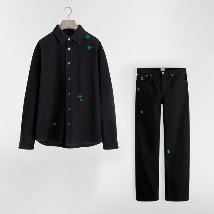DIOR Long Regular Jeans with Dior Clover Embroideries Black Cotton Twill Jacket #380000