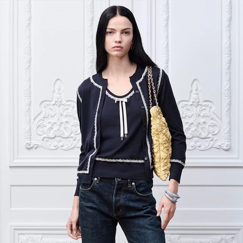 DIOR Cardigan Navy Blue Silk Knit and White Lace #379942