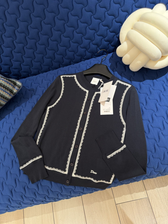 DIOR Cardigan Navy Blue Silk Knit and White Lace #379942