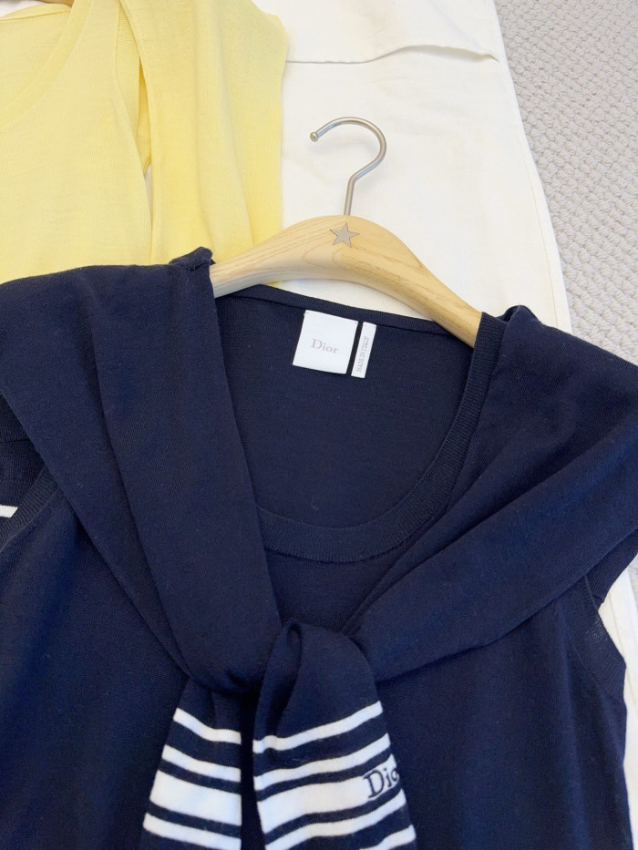 DIOR Sleeveless Sweater Navy Blue and White Cashmere and Silk Knit #379426