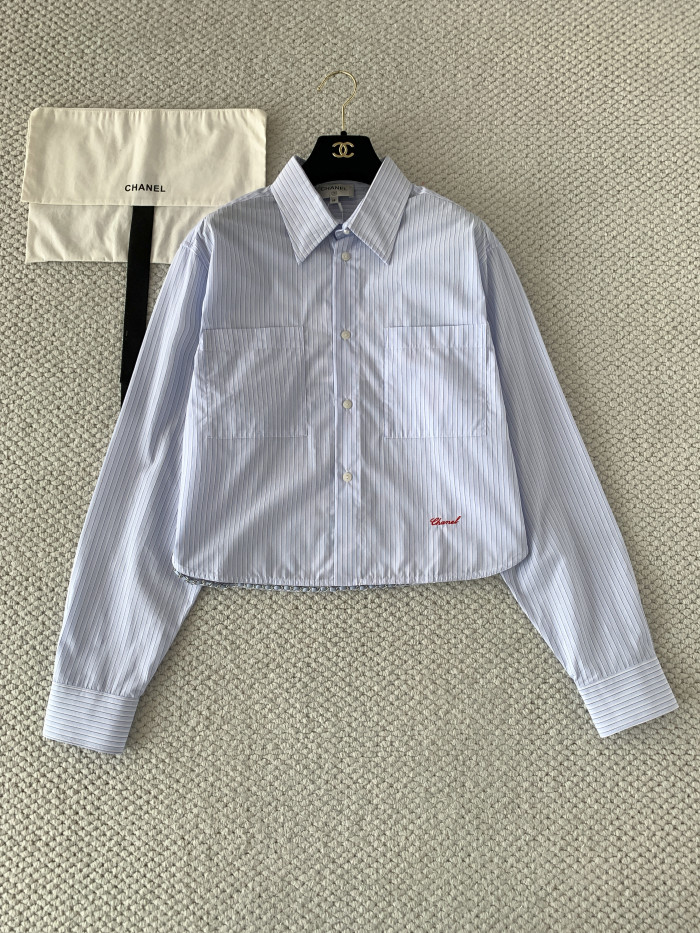 Chanel Long-sleeved Shirt Cotton Poplin Blue White #380017