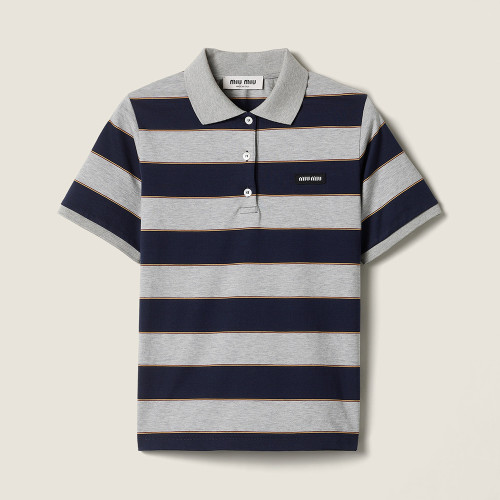 MiuMiu Blue grey Striped Jersey Polo Shirt #336993