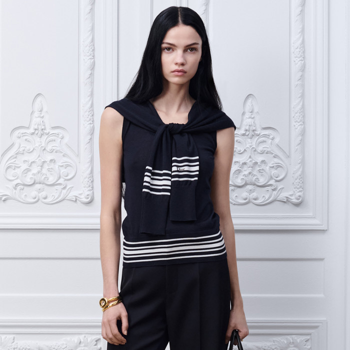 DIOR Sleeveless Sweater Navy Blue and White Cashmere and Silk Knit #379426
