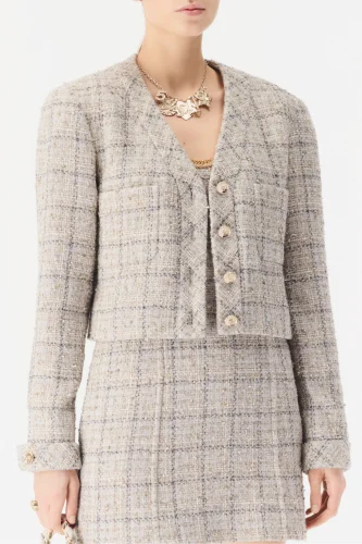 Chanel Jacket Wool Cotton Tweed Gray Black Gold #380015