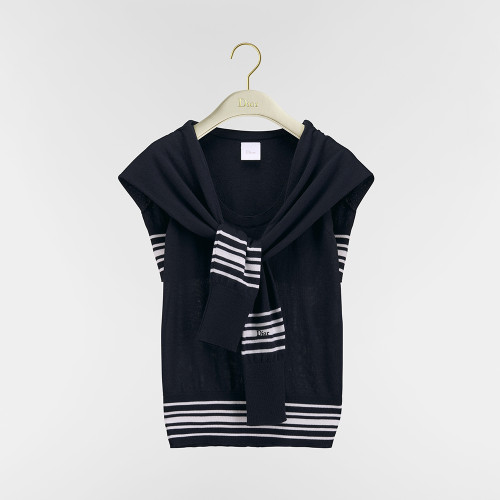DIOR Sleeveless Sweater Navy Blue and White Cashmere and Silk Knit #379426