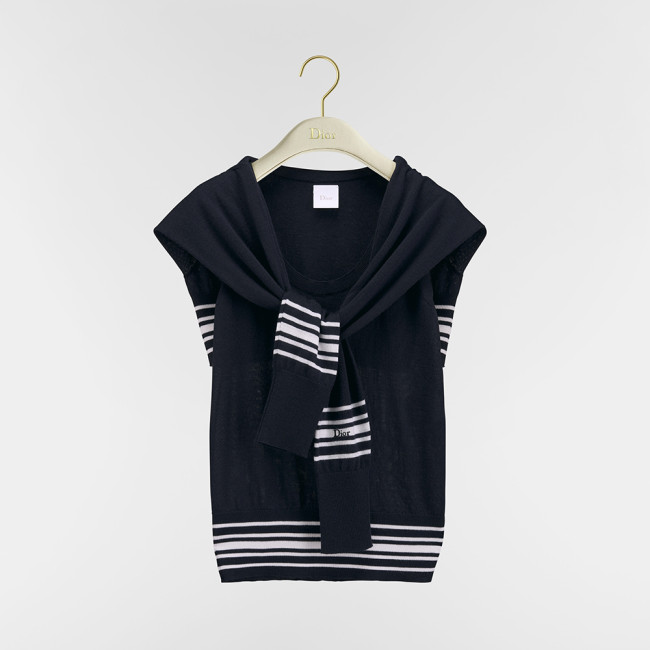 DIOR Sleeveless Sweater Navy Blue and White Cashmere and Silk Knit #379426