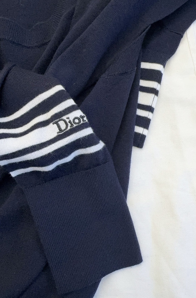 DIOR Sleeveless Sweater Navy Blue and White Cashmere and Silk Knit #379426