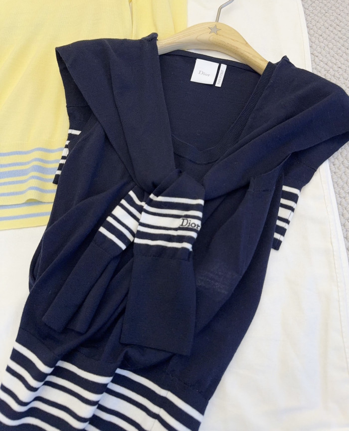 DIOR Sleeveless Sweater Navy Blue and White Cashmere and Silk Knit #379426