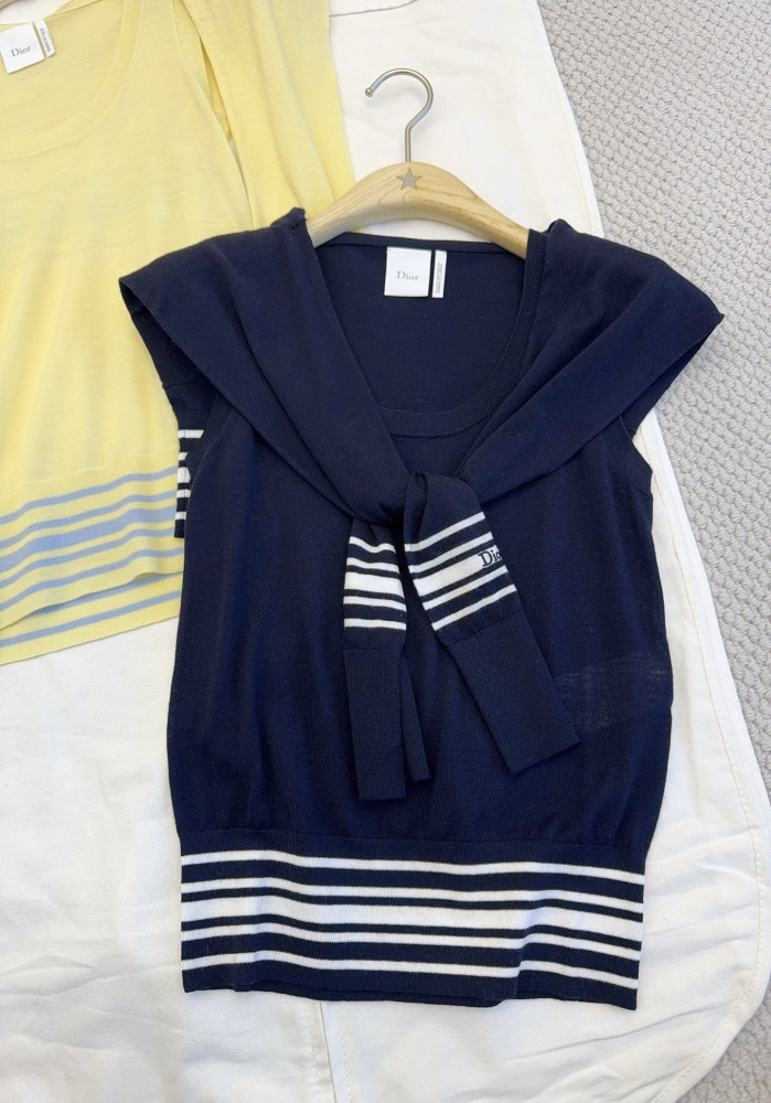 DIOR Sleeveless Sweater Navy Blue and White Cashmere and Silk Knit #379426