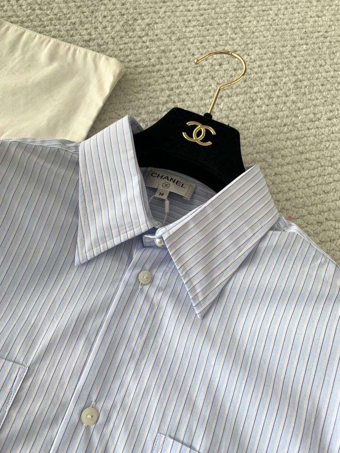 Chanel Long-sleeved Shirt Cotton Poplin Blue White #380017