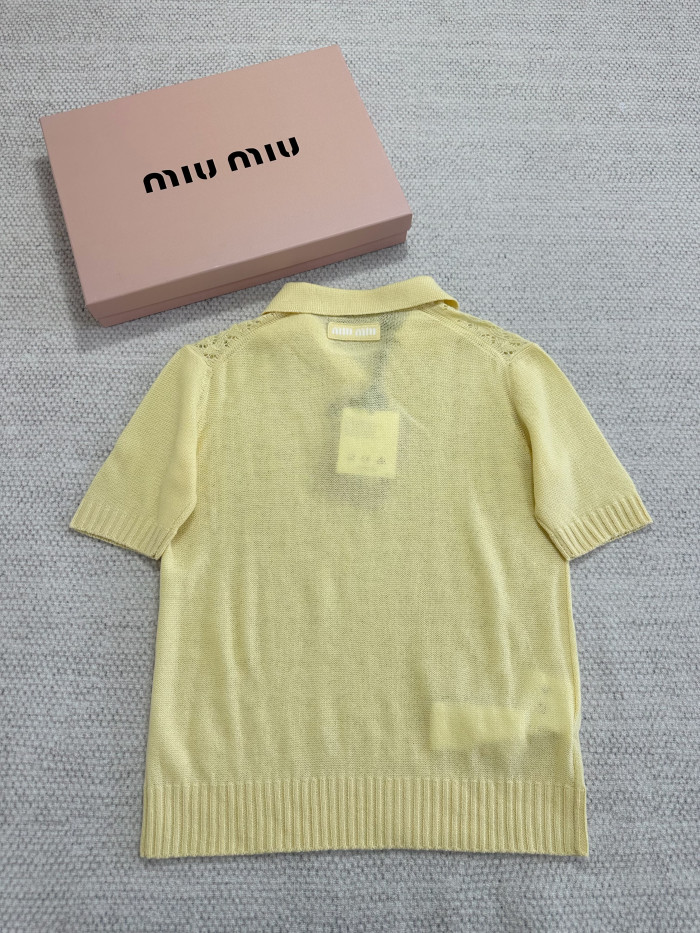 MiuMiu Cream Lace-effect Cashmere Polo Shirt #380043