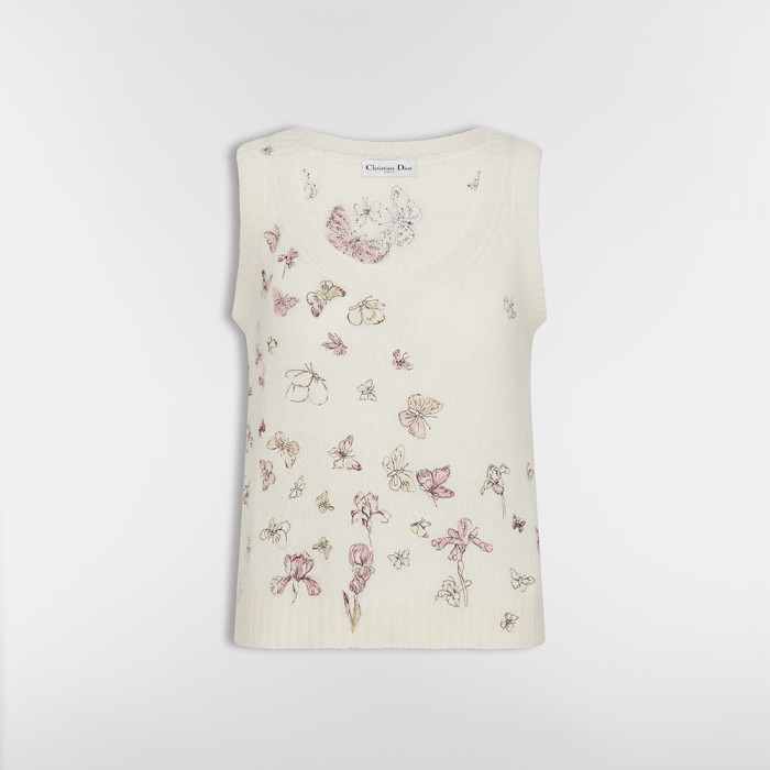 Dior White Alpaca Cashmere and Silk Blend Knitted Fabric Multicolor Butterflies Iris Pattern #380108