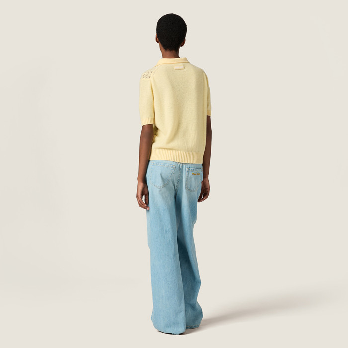 MiuMiu Cream Lace-effect Cashmere Polo Shirt #380043