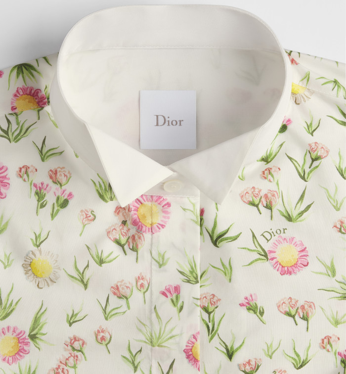 Dior Mid-length Shirt Dress in Cotton Poplin Multicolor Daisy Garden Pattern With Belt #380098
