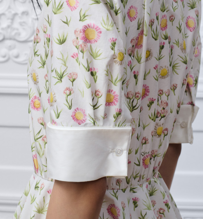 Dior Mid-length Shirt Dress in Cotton Poplin Multicolor Daisy Garden Pattern With Belt #380098