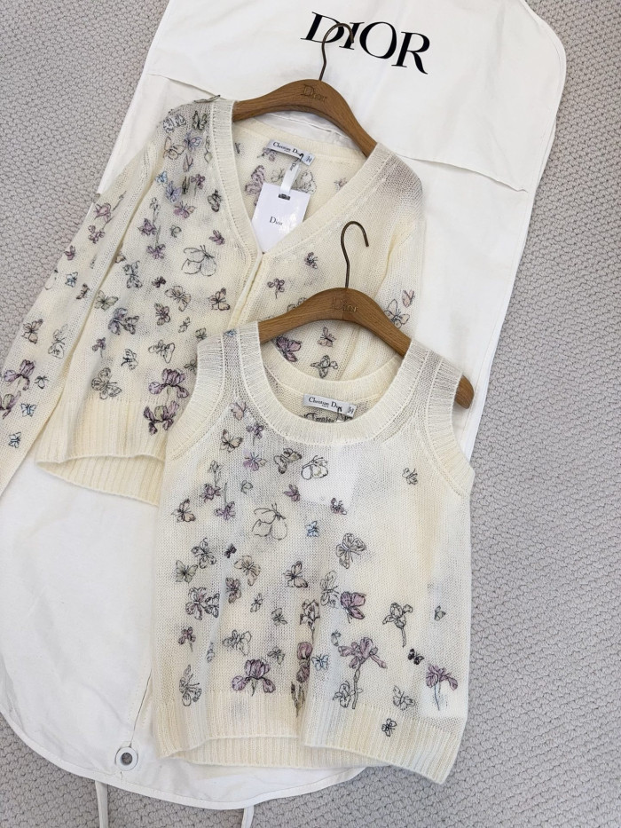 Dior White Alpaca Cashmere and Silk Blend Knitted Fabric Multicolor Butterflies Iris Pattern #380108