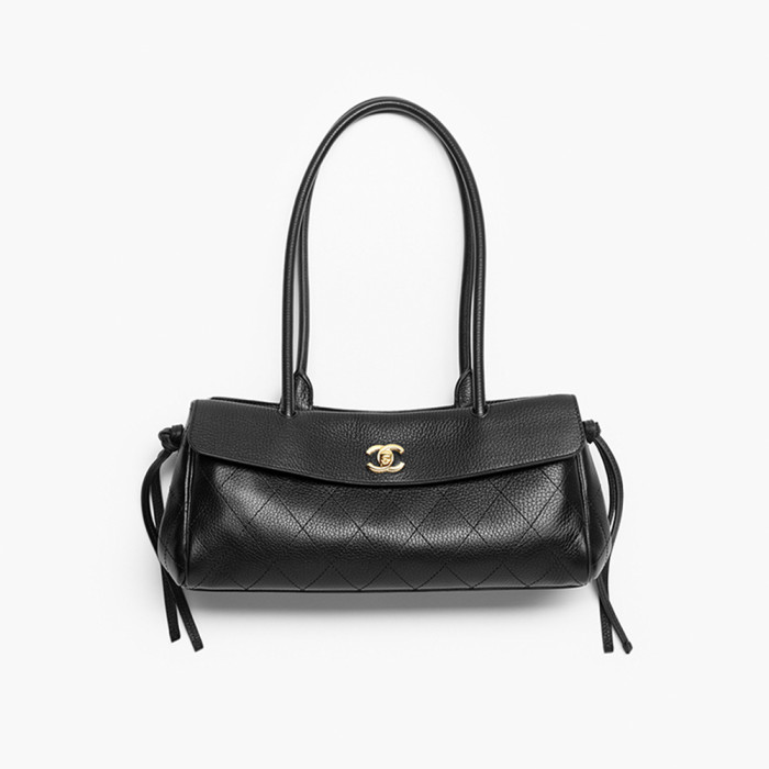 Chanel Small Shopping Bag Grained Calfskin Gold-tone Metal Black #380058