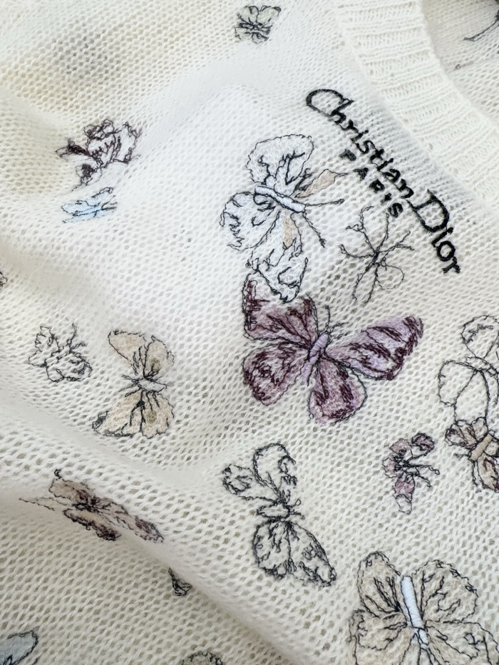 Dior White Alpaca Cashmere and Silk Blend Knitted Fabric Multicolor Butterflies Iris Pattern #380108