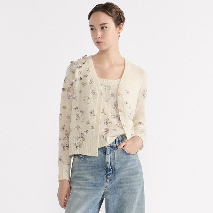 Dior White Alpaca Cashmere and Silk Blend Knitted Fabric Multicolor Butterflies Iris Pattern #380108