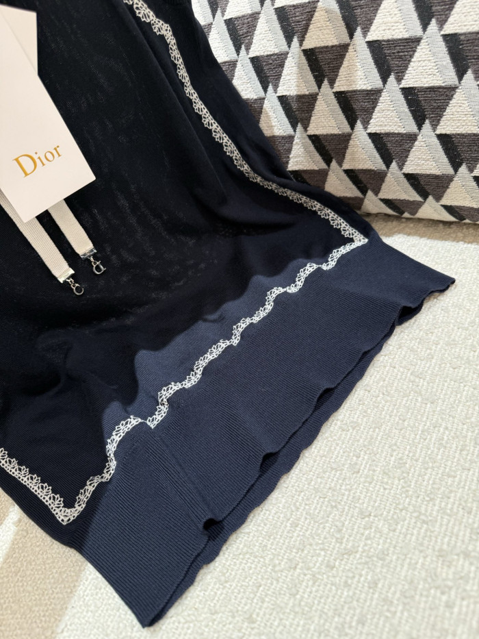 DIOR Sweater Vest Navy Blue Silk Knit and White Lace #380203