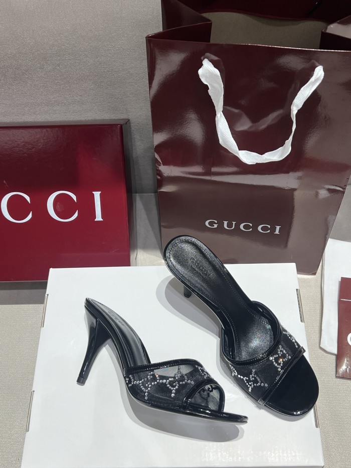 Gucci Women's Crystal Slide Sandal in Black GG Crystal Mesh#380127