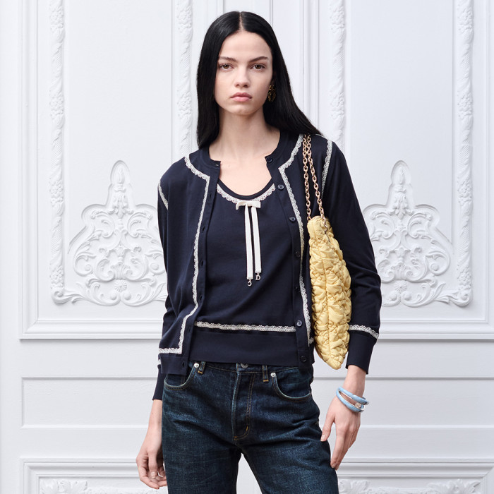DIOR Sweater Vest Navy Blue Silk Knit and White Lace #380203
