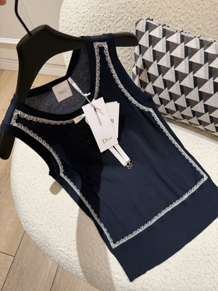 DIOR Sweater Vest Navy Blue Silk Knit and White Lace #380203