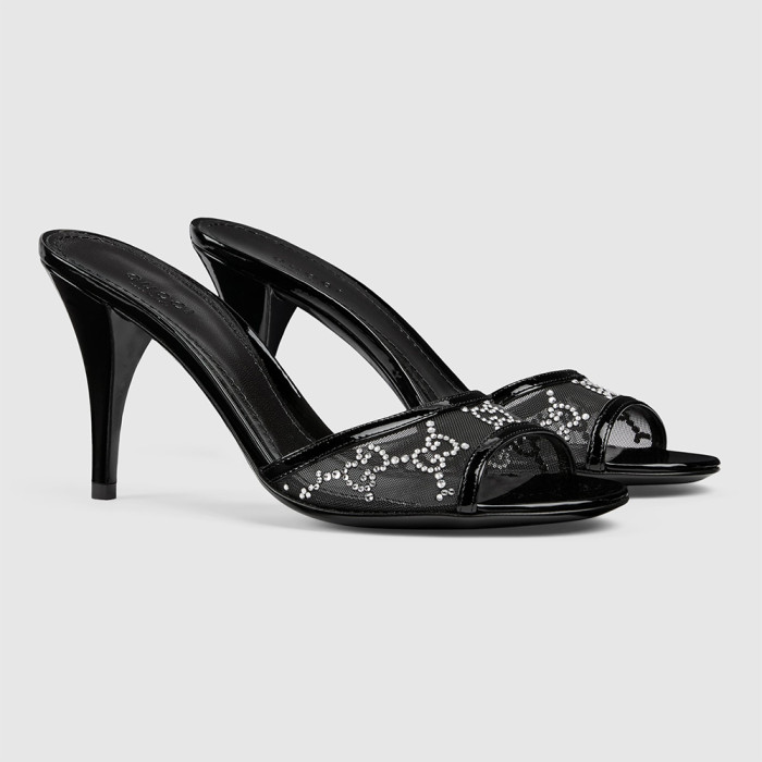 Gucci Women's Crystal Slide Sandal in Black GG Crystal Mesh#380127