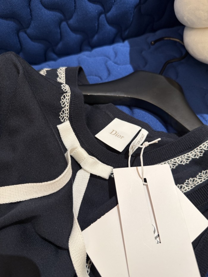 DIOR Sweater Vest Navy Blue Silk Knit and White Lace #380203