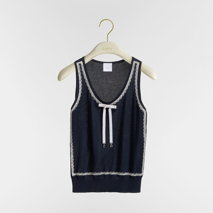 DIOR Sweater Vest Navy Blue Silk Knit and White Lace #380203