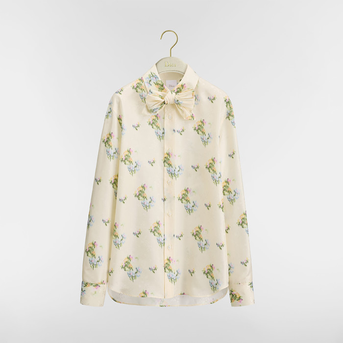 DIOR Mid-Length Flared Skirt Blouse with Removablel Bow Tie Ecru Multicolor Dior Secret Garden Silk Twil#380347