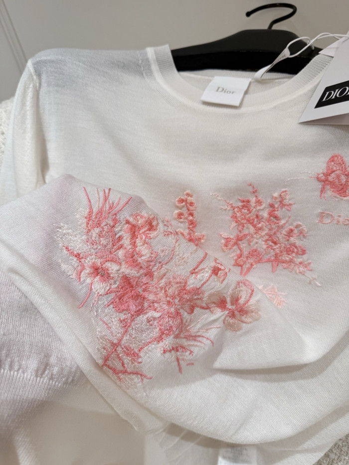 DIOR Short Sleeved Embroidered Sweater White Virgin Wool and Silk #380303