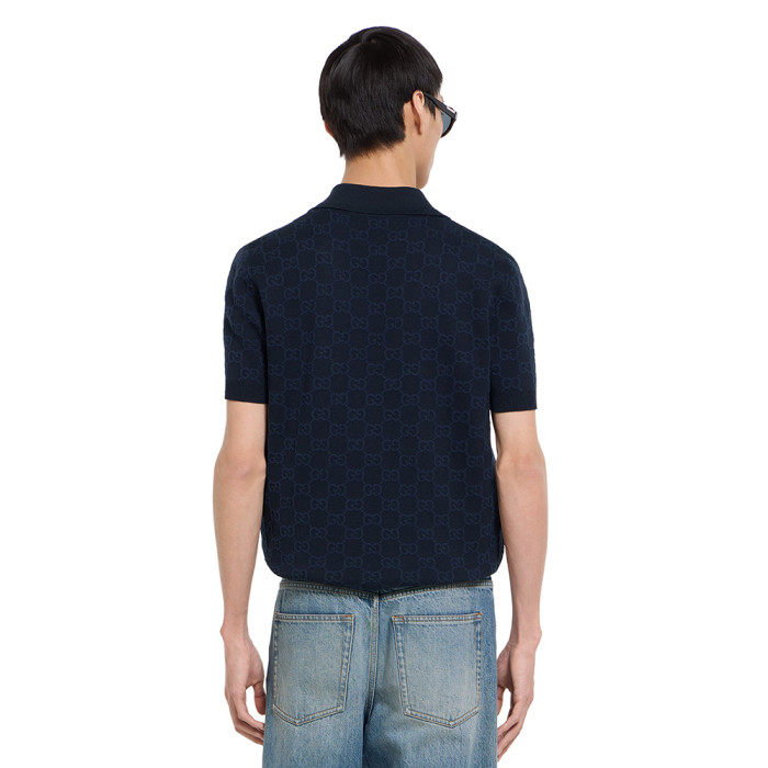 GUCCI GG Cotton Silk Jacquard Polo Shirt in Dark Blue #379147