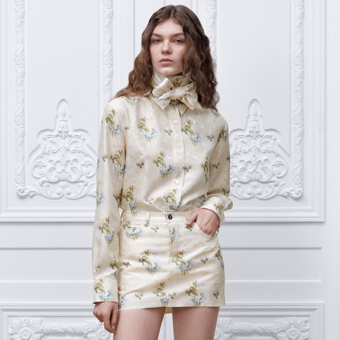 DIOR Mid-Length Flared Skirt Blouse with Removablel Bow Tie Ecru Multicolor Dior Secret Garden Silk Twil#380347
