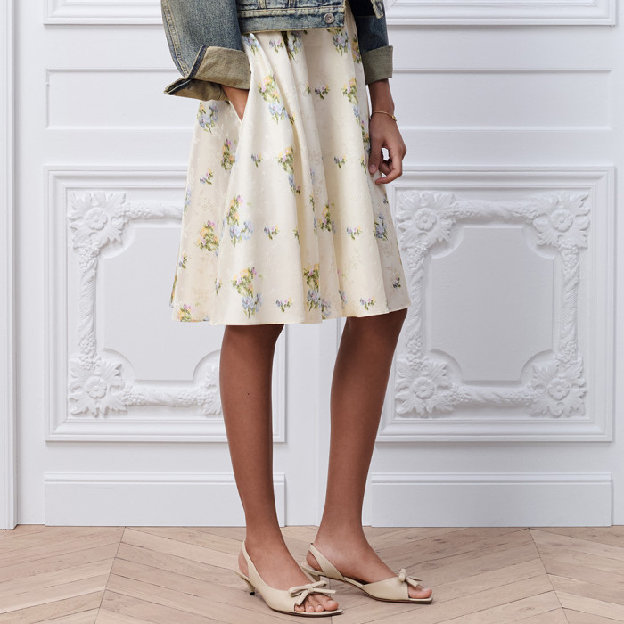 DIOR Mid-Length Flared Skirt Blouse with Removablel Bow Tie Ecru Multicolor Dior Secret Garden Silk Twil#380347