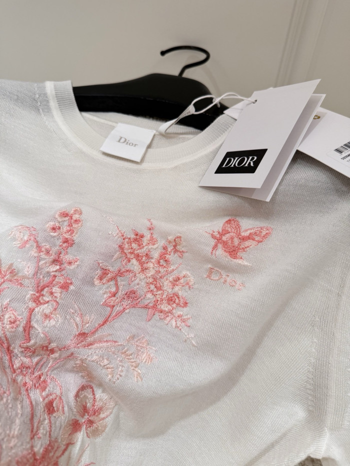 DIOR Short Sleeved Embroidered Sweater White Virgin Wool and Silk #380303