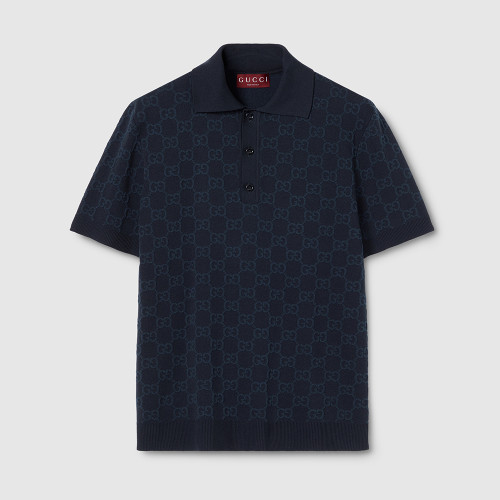 GUCCI GG Cotton Silk Jacquard Polo Shirt in Dark Blue #379147