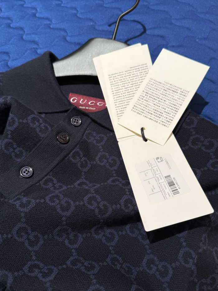 GUCCI GG Cotton Silk Jacquard Polo Shirt in Dark Blue #379147