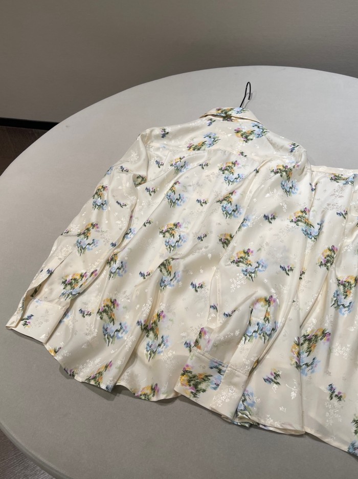 DIOR Mid-Length Flared Skirt Blouse with Removablel Bow Tie Ecru Multicolor Dior Secret Garden Silk Twil#380347